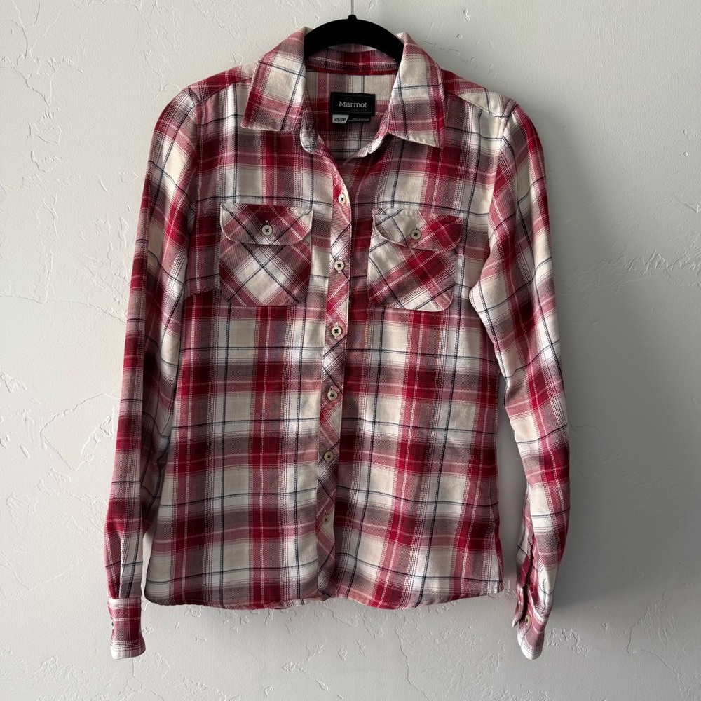Marmot Red White Plaid Flannel Button-Up Long Sleeve Shirt Cabincore Women’s XS